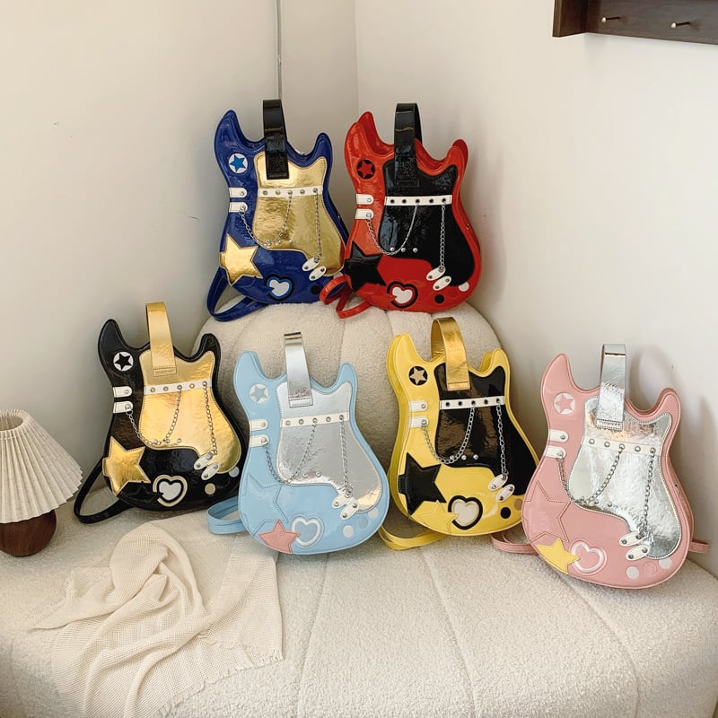 Чанта за китара с метална верига, PU материал, Bucket стил, кутиеобразна форма, цип, полиестерна подплата, вътрешни джобове