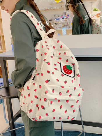 Σακίδιο corduroy για κορίτσια με εκτύπωση φρούτων (φράουλα), καμπύλες ιμάντες ώμου, επένδυση πολυεστέρα, για γυμνάσιο