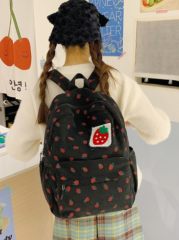 Σακίδιο corduroy για κορίτσια με εκτύπωση φρούτων (φράουλα), καμπύλες ιμάντες ώμου, επένδυση πολυεστέρα, για γυμνάσιο