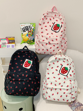 Σακίδιο corduroy για κορίτσια με εκτύπωση φρούτων (φράουλα), καμπύλες ιμάντες ώμου, επένδυση πολυεστέρα, για γυμνάσιο