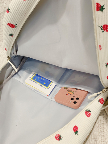 Σακίδιο corduroy για κορίτσια με εκτύπωση φρούτων (φράουλα), καμπύλες ιμάντες ώμου, επένδυση πολυεστέρα, για γυμνάσιο