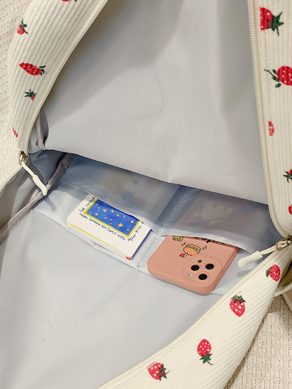 Σακίδιο corduroy για κορίτσια με εκτύπωση φρούτων (φράουλα), καμπύλες ιμάντες ώμου, επένδυση πολυεστέρα, για γυμνάσιο