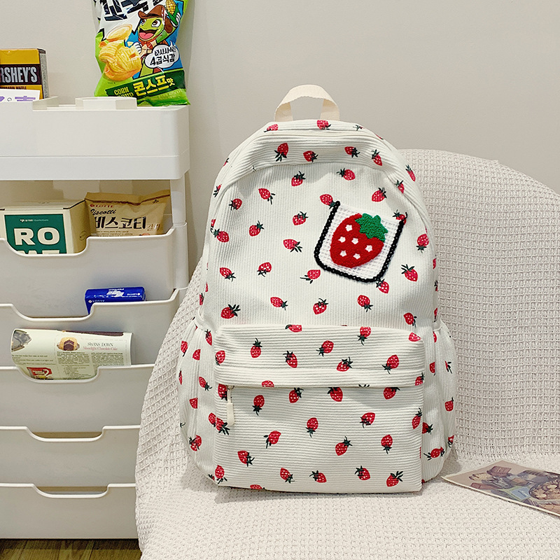 Σακίδιο corduroy για κορίτσια με εκτύπωση φρούτων (φράουλα), καμπύλες ιμάντες ώμου, επένδυση πολυεστέρα, για γυμνάσιο