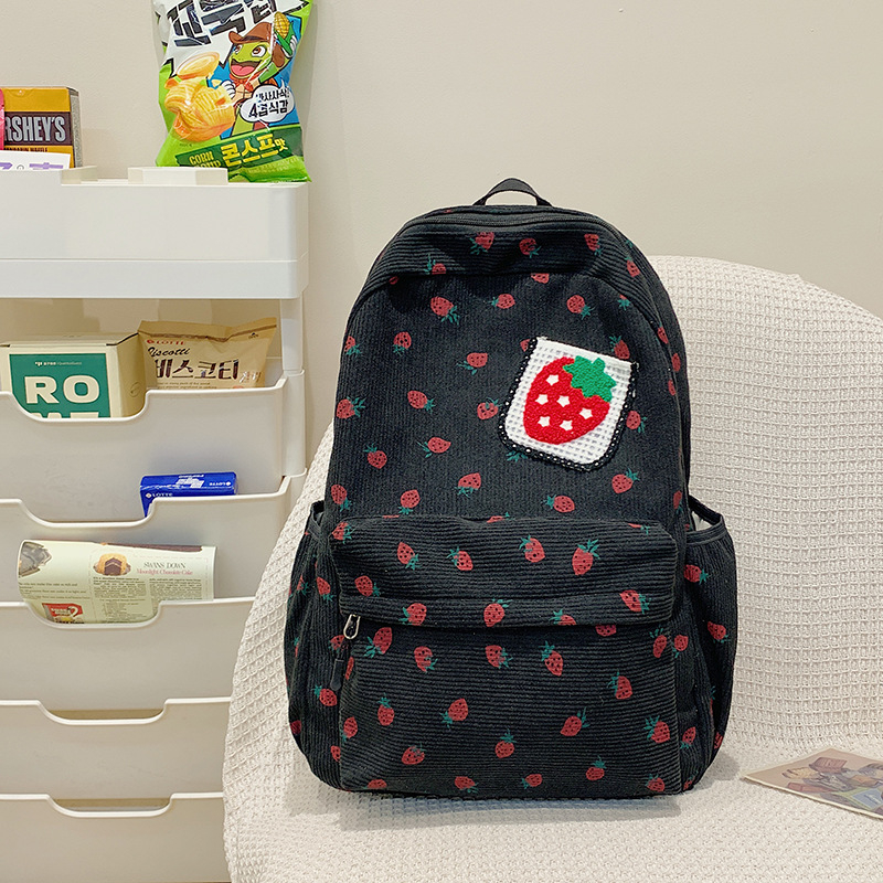 Σακίδιο corduroy για κορίτσια με εκτύπωση φρούτων (φράουλα), καμπύλες ιμάντες ώμου, επένδυση πολυεστέρα, για γυμνάσιο