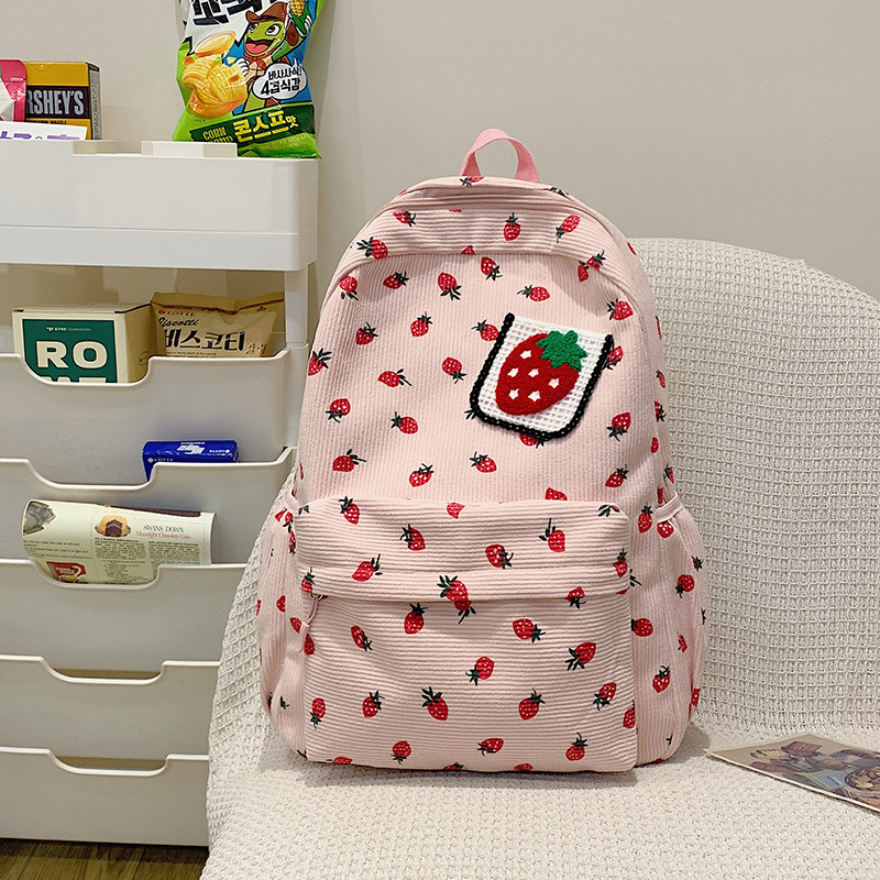 Σακίδιο corduroy για κορίτσια με εκτύπωση φρούτων (φράουλα), καμπύλες ιμάντες ώμου, επένδυση πολυεστέρα, για γυμνάσιο