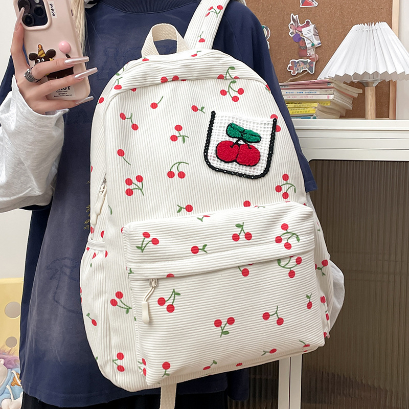 Σακίδιο corduroy για κορίτσια με εκτύπωση φρούτων (φράουλα), καμπύλες ιμάντες ώμου, επένδυση πολυεστέρα, για γυμνάσιο