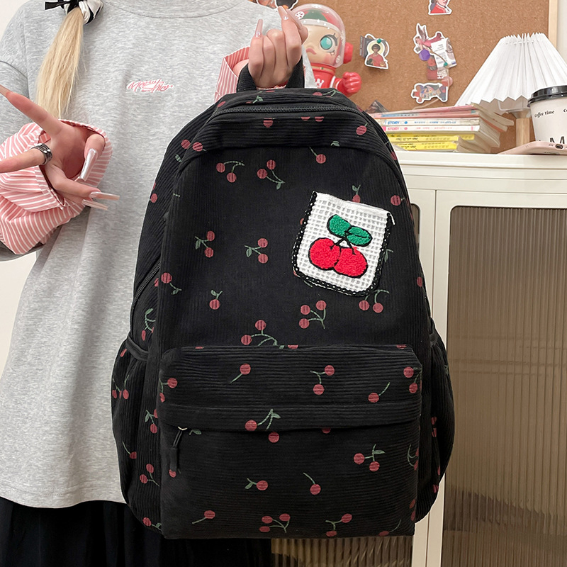 Σακίδιο corduroy για κορίτσια με εκτύπωση φρούτων (φράουλα), καμπύλες ιμάντες ώμου, επένδυση πολυεστέρα, για γυμνάσιο