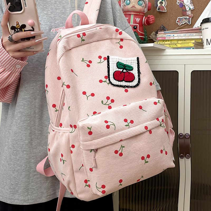 Σακίδιο corduroy για κορίτσια με εκτύπωση φρούτων (φράουλα), καμπύλες ιμάντες ώμου, επένδυση πολυεστέρα, για γυμνάσιο