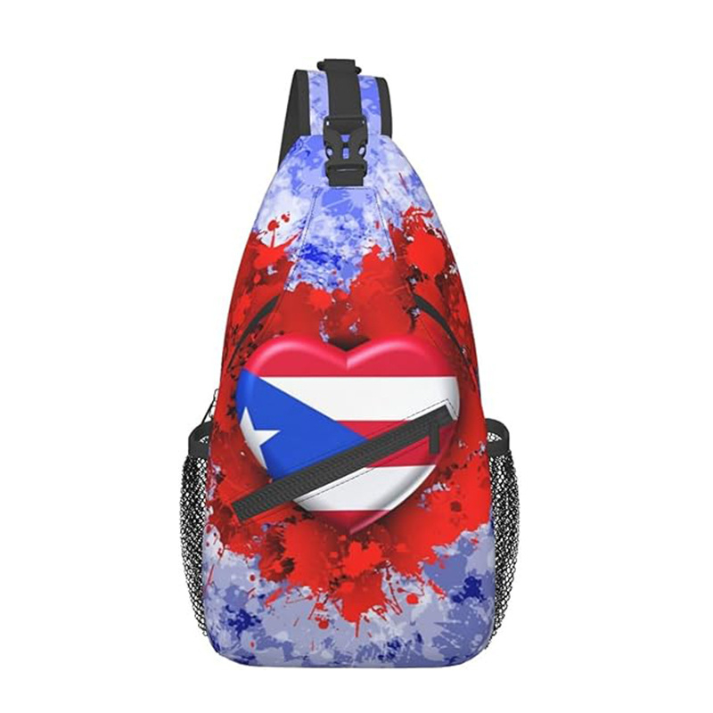 Vīriešu crossbody somiņa ar Puertoriko karogu – ultra viegla, poliestera materiāls, svītrainais raksts, oderējums poliesteris
