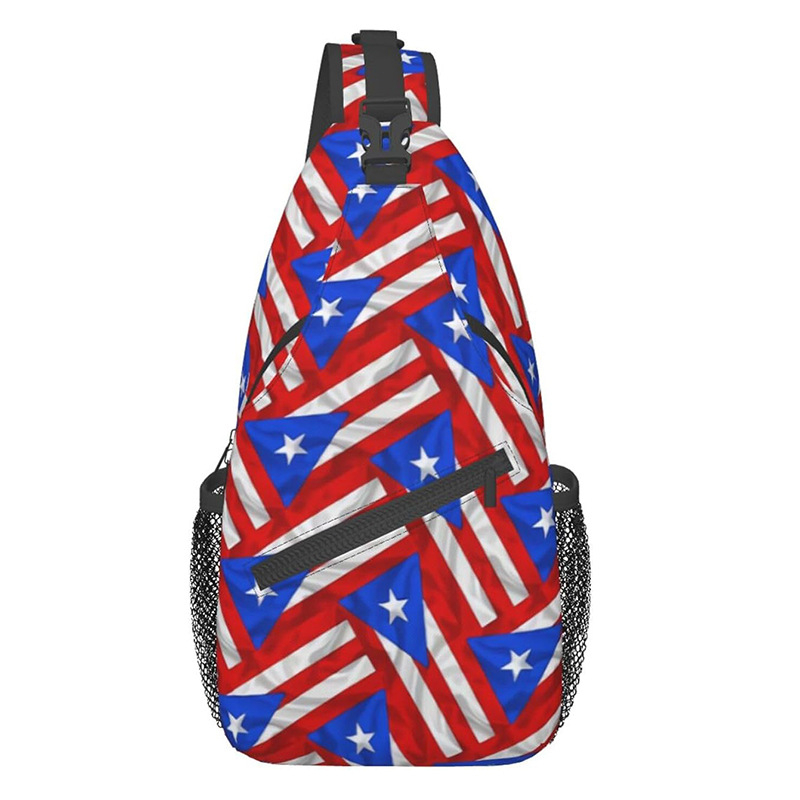 Vīriešu crossbody somiņa ar Puertoriko karogu – ultra viegla, poliestera materiāls, svītrainais raksts, oderējums poliesteris