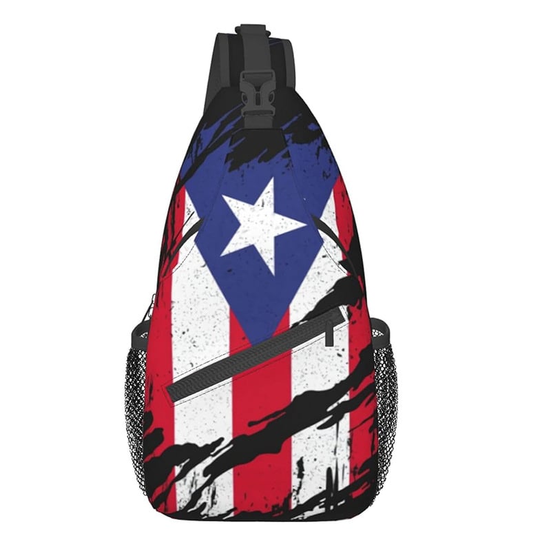 Vīriešu crossbody somiņa ar Puertoriko karogu – ultra viegla, poliestera materiāls, svītrainais raksts, oderējums poliesteris