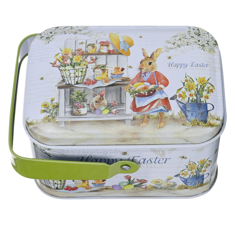 Кована желязна кутия от ламарина за Великденска декорация – кутия за бисквити и подаръци с мотив зайче