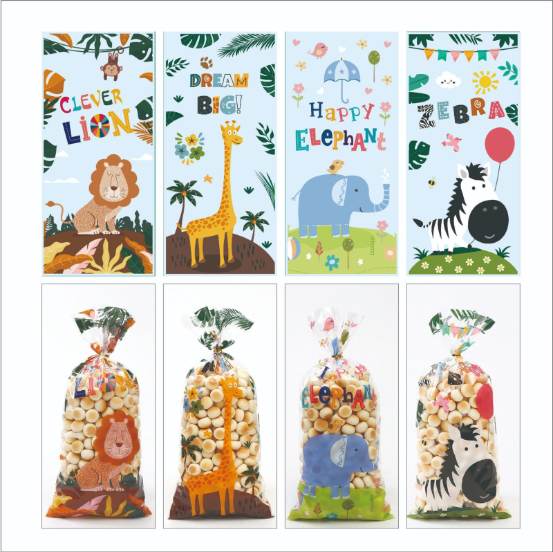 Опаковъчна торбичка за бонбони с животински карикатурни мотиви, прозрачна OPP плоска торбичка, флексографски печат, персонализируема, модел 001, опаковка за закуски