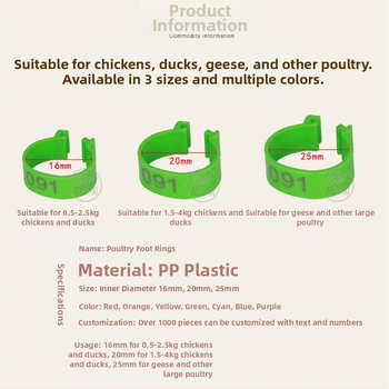 Putnu marķēšanas gredzens ar atvērtu sprādzi – paredzēts vistām, pīlēm un zossēm – Xin Baijia