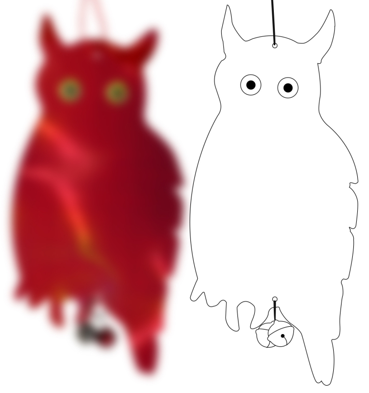 Сова-репелент за птици с двойно лазерно отражение, модел двойно-странна лазерна сова, материал PET+лазер филм, предназначение: градини и балкони