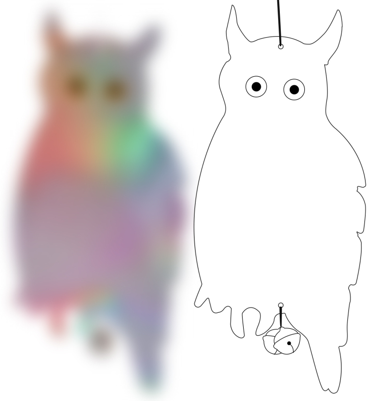 Сова-репелент за птици с двойно лазерно отражение, модел двойно-странна лазерна сова, материал PET+лазер филм, предназначение: градини и балкони