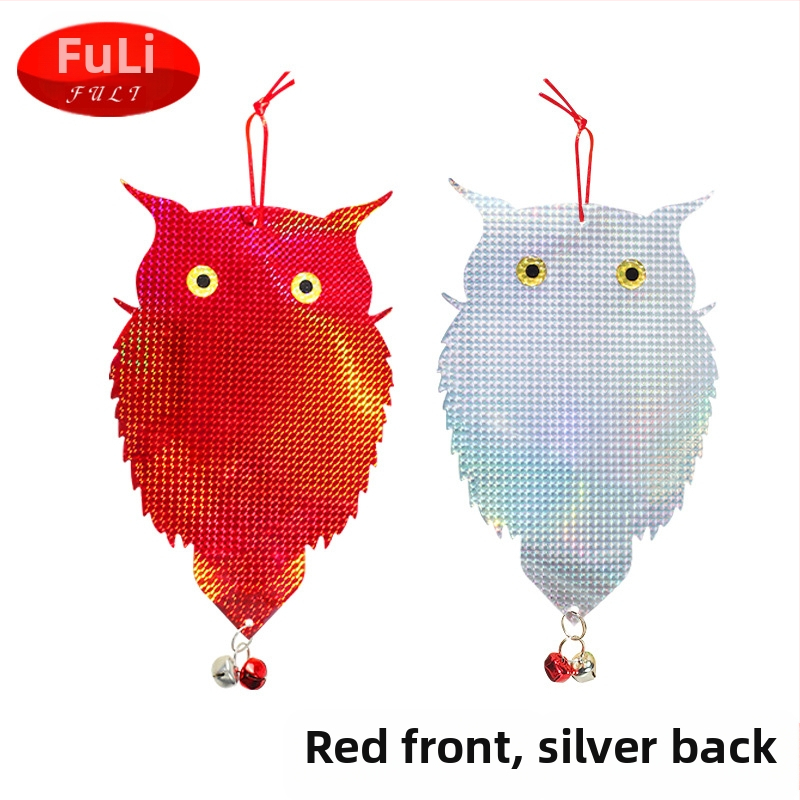 Сова-репелент за птици с двойно лазерно отражение, модел двойно-странна лазерна сова, материал PET+лазер филм, предназначение: градини и балкони