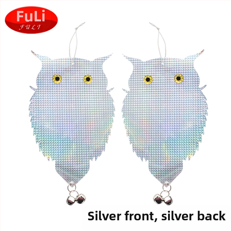 Сова-репелент за птици с двойно лазерно отражение, модел двойно-странна лазерна сова, материал PET+лазер филм, предназначение: градини и балкони