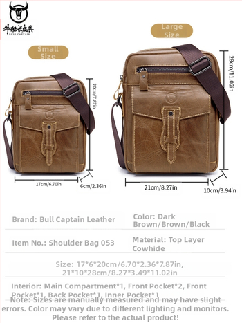 Мъжка презрамкова чанта Cow Captain Leather – кожа от най-висок клас, горен слой телешка кожа, подплата полиестер, вътрешни отделения, анти-крадба, голям капацитет, пролет 2023