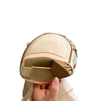 Акрилна черупкоподобна чантичка през рамо със заключване, вътрешни джобове за телефон и ID, подплата полиестер