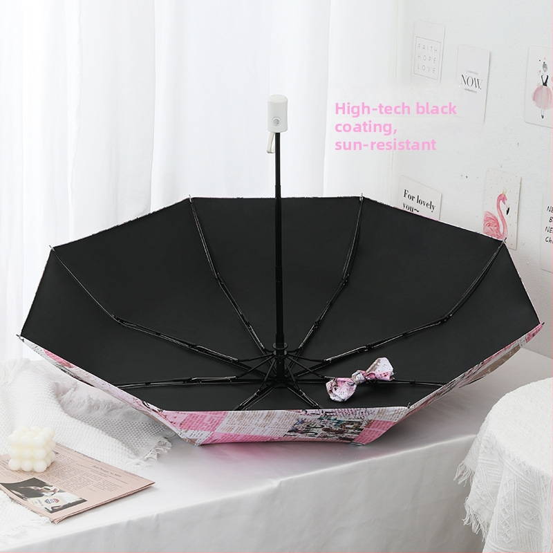 Bourxiang saules un lietus lietussargs ar trīs sadaļām, 8 ribu dzelzs rāmis, 190T poliesters, UPF 50+ UV aizsardzība, manuāla atvēršana