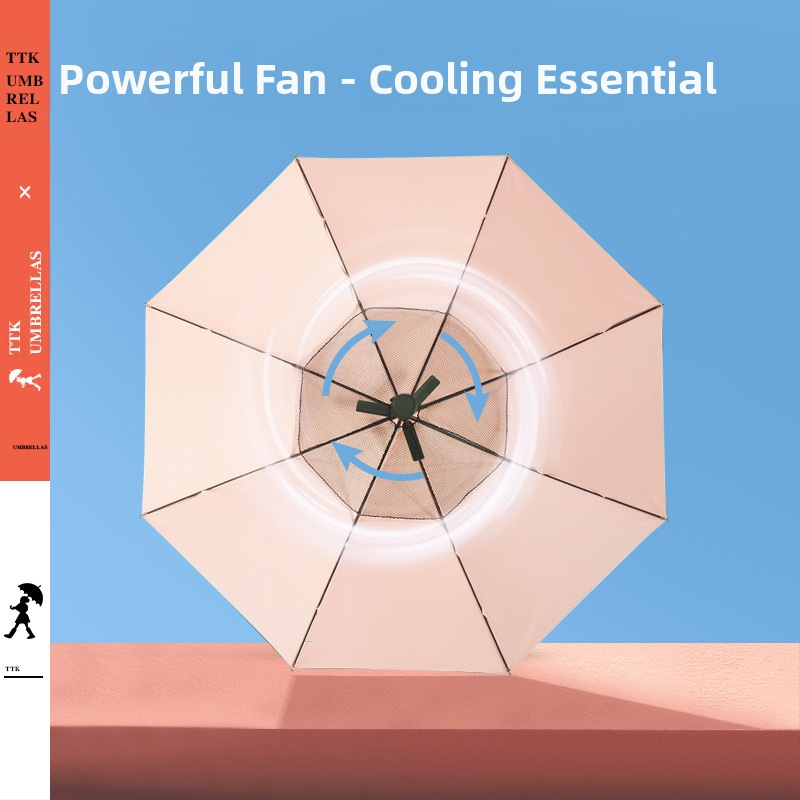 TTK чадър с вентилатор – многофункционален, автоматично отваряне, 8 ребра, алуминиев прът, ABS дръжка, 190T плат, дълга дръжка