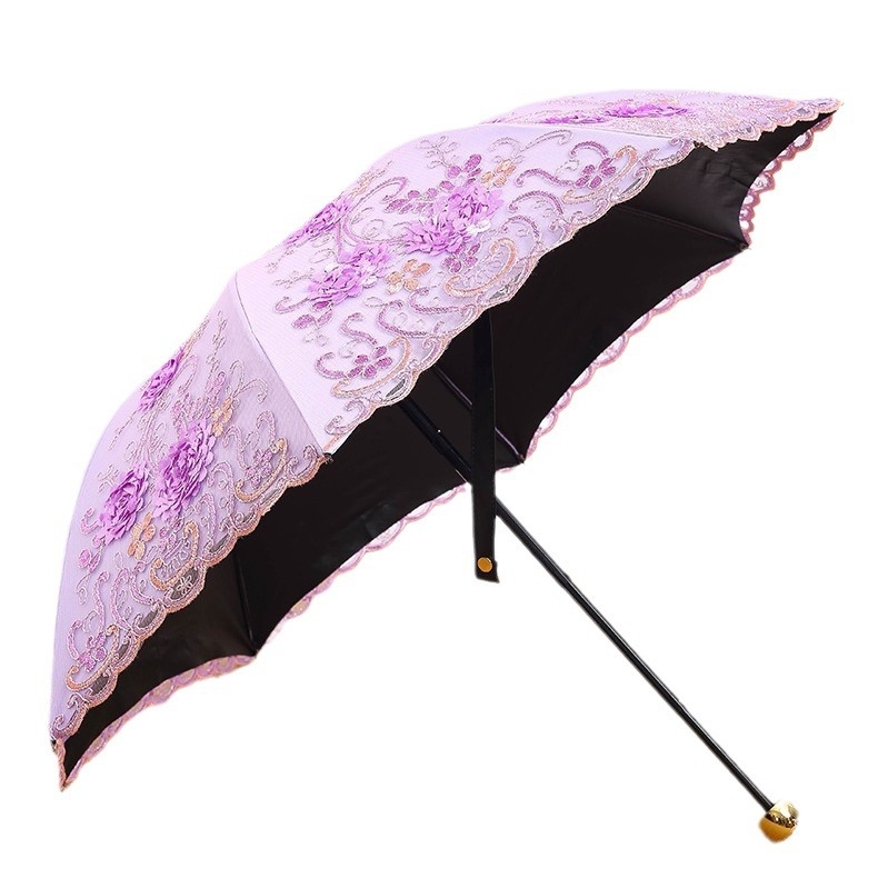 Sieviešu saules un lietus lietussargs ar mežģīņu izšuvumu un vinila pārklājumu, UPF>50, 8 ribām, 190T audums, manuāla aizvēršana