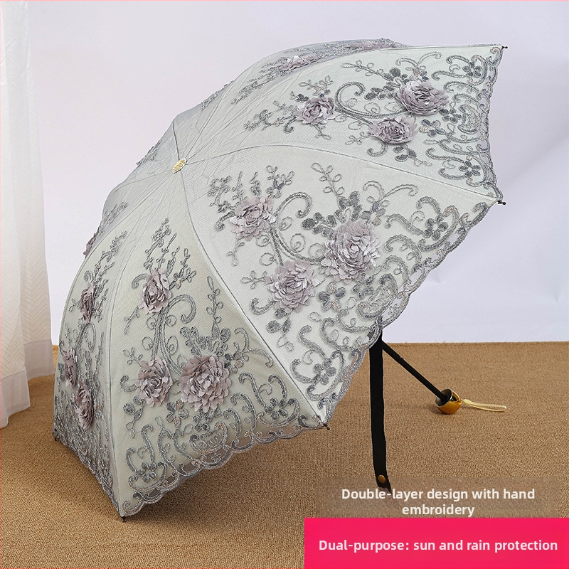 Γυναικεία ομπρέλα για ήλιο και βροχή με δαντελένιο κέντημα и βινυλική επικάλυψη, UPF>50, 8 ραβδών σκελετού, ύφασμα 190T, χειροκίνητο κλείσιμο