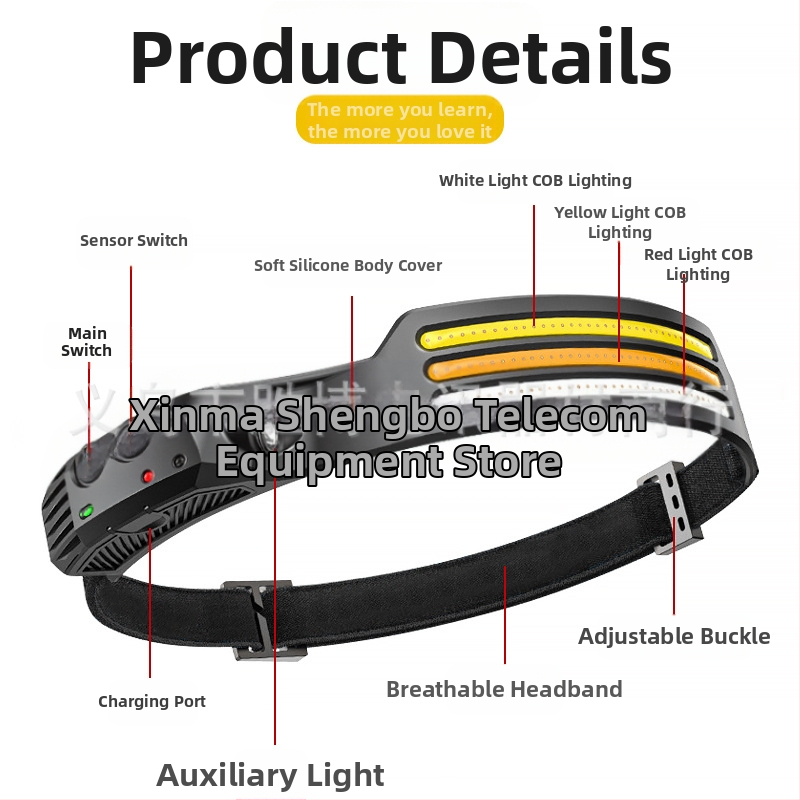 Фенер за глава COB с силиконов корпус и вградена батерия, режими на захранване: индуктивен и превключвателен, включено зарядно, обхват до 50 м