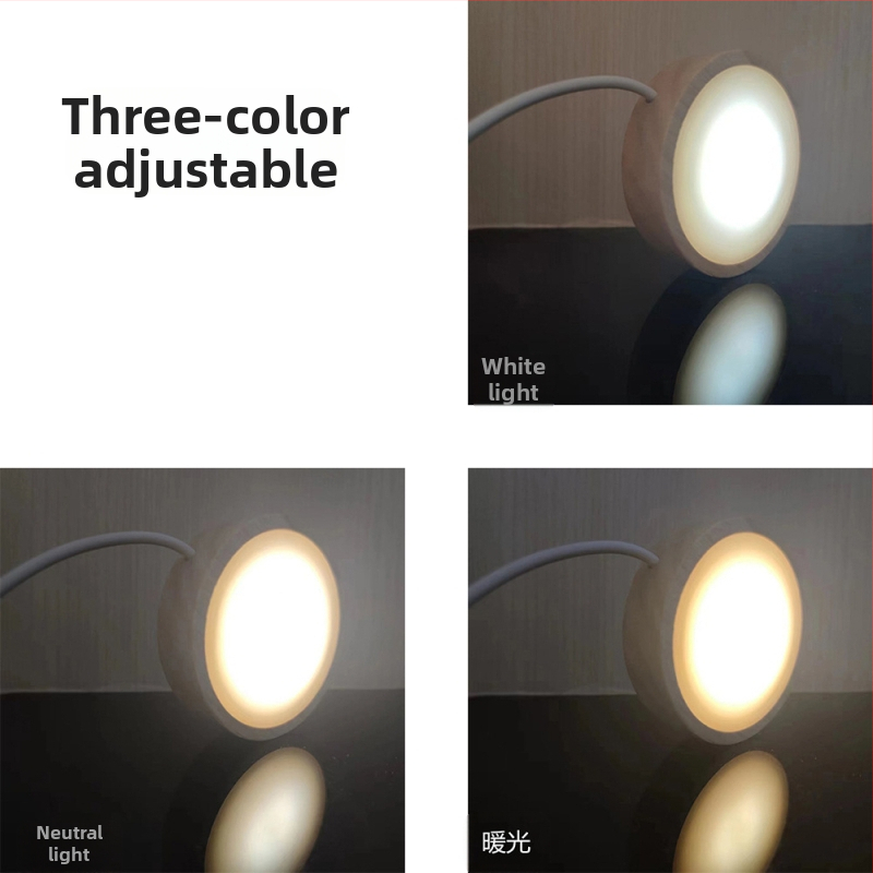 LED нощна лампа с основа от дъбово дърво и кръгла дифузионна плоча, модерен минималистичен декоративен елемент (дъбово дърво; дървен материал; кръгла дифузионна плоча; модерен минимализъм)