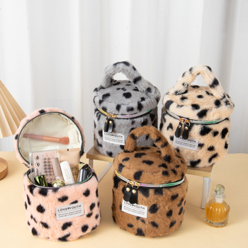 Geantă de makeup din pluș, capacitate mare, imprimeu leopard, ultra ușoară, căptușită cu poliester-cotton
