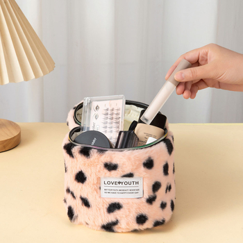 Плюшена козметична чанта, голям капацитет, леопардов принт, ултралека, подплата от полиестер и памук