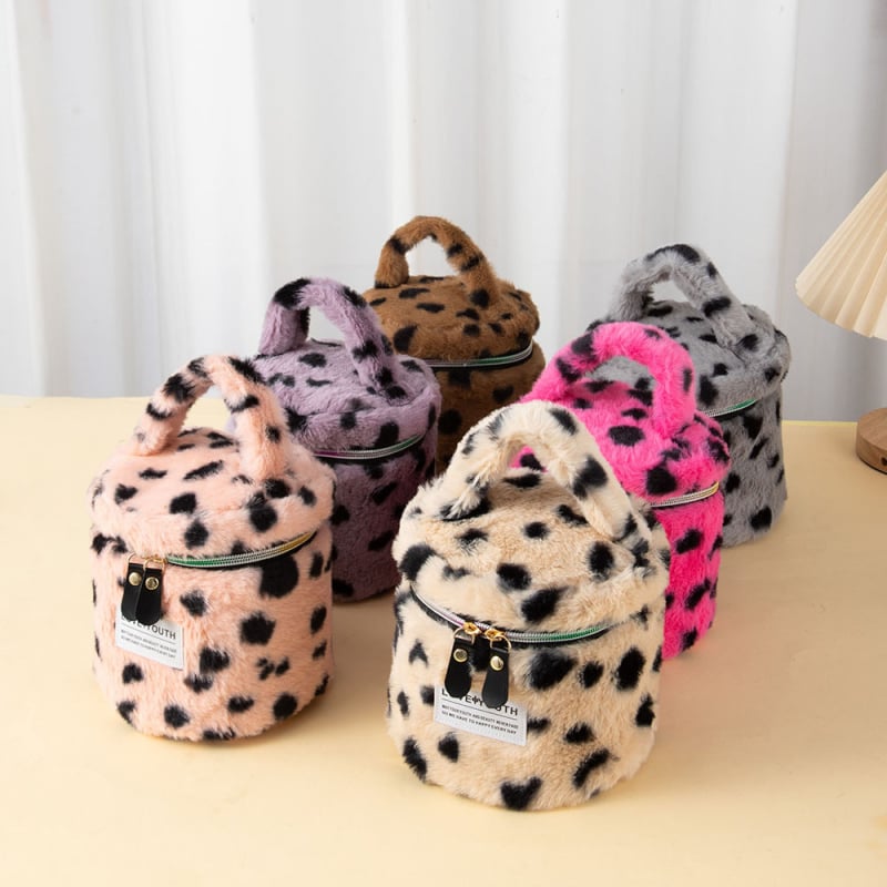 Geantă de makeup din pluș, capacitate mare, imprimeu leopard, ultra ușoară, căptușită cu poliester-cotton