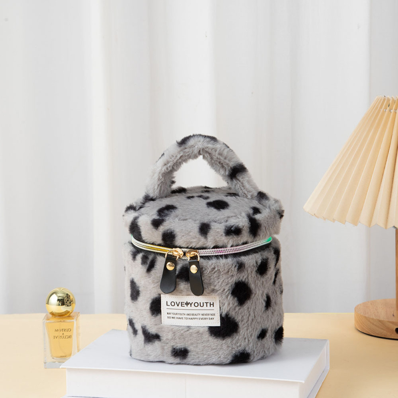 Geantă de makeup din pluș, capacitate mare, imprimeu leopard, ultra ușoară, căptușită cu poliester-cotton