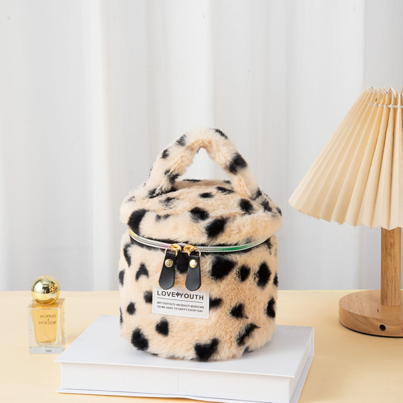 Geantă de makeup din pluș, capacitate mare, imprimeu leopard, ultra ușoară, căptușită cu poliester-cotton