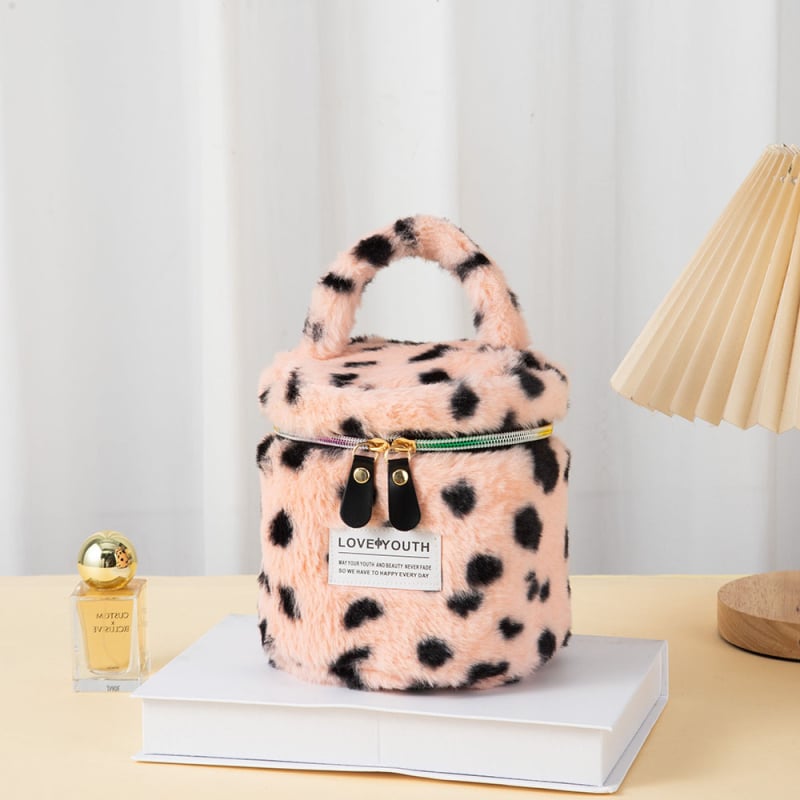 Geantă de makeup din pluș, capacitate mare, imprimeu leopard, ultra ușoară, căptușită cu poliester-cotton