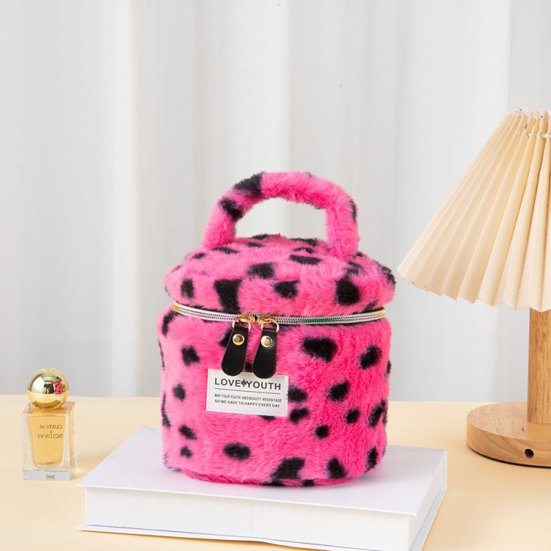 Geantă de makeup din pluș, capacitate mare, imprimeu leopard, ultra ușoară, căptușită cu poliester-cotton