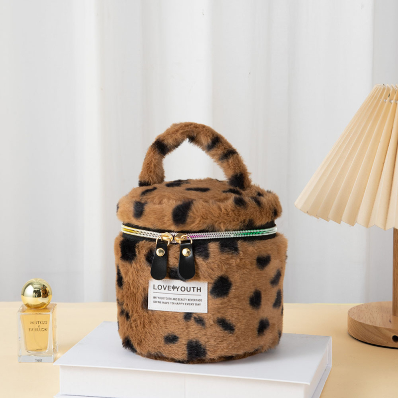 Geantă de makeup din pluș, capacitate mare, imprimeu leopard, ultra ușoară, căptușită cu poliester-cotton