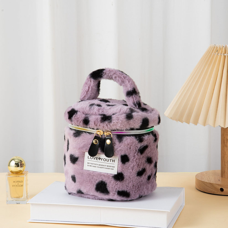 Geantă de makeup din pluș, capacitate mare, imprimeu leopard, ultra ușoară, căptușită cu poliester-cotton