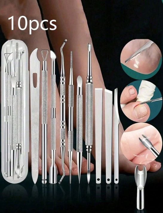 Nerūsējošā tērauda pedikīra komplekts, 5 gab., kastē, ietver mirušās ādas dakšiņu, divgalvu nagu kopšanas instruments un pēdu fails.