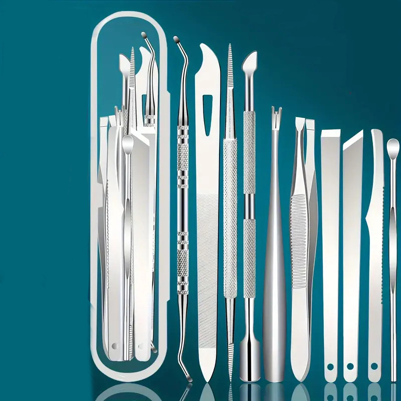 Σετ εργαλείων περιποίησης ποδιών από ανοξείδωτο ατσάλι, 5 τεμάχια σε κουτί, περιλαμβάνει πιρούνι για απολέπιση νεκρής επιδερμίδας, εργαλείο καθαρισμού νυχιών με διπλή κεφαλή και λίμα ποδιών.