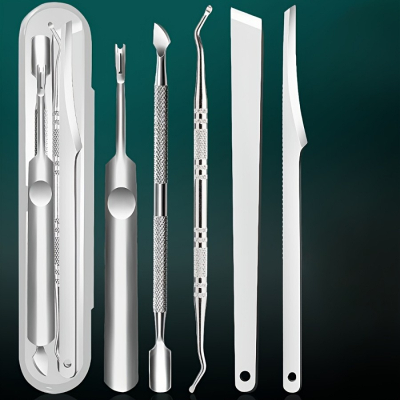Σετ εργαλείων περιποίησης ποδιών από ανοξείδωτο ατσάλι, 5 τεμάχια σε κουτί, περιλαμβάνει πιρούνι για απολέπιση νεκρής επιδερμίδας, εργαλείο καθαρισμού νυχιών με διπλή κεφαλή και λίμα ποδιών.