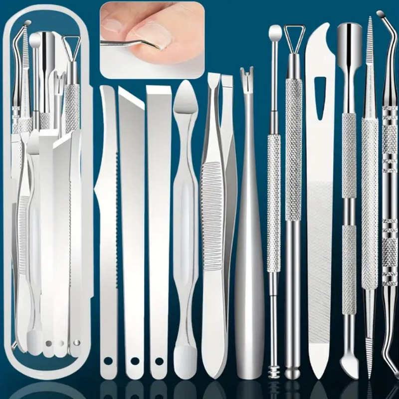 Σετ εργαλείων περιποίησης ποδιών από ανοξείδωτο ατσάλι, 5 τεμάχια σε κουτί, περιλαμβάνει πιρούνι για απολέπιση νεκρής επιδερμίδας, εργαλείο καθαρισμού νυχιών με διπλή κεφαλή και λίμα ποδιών.
