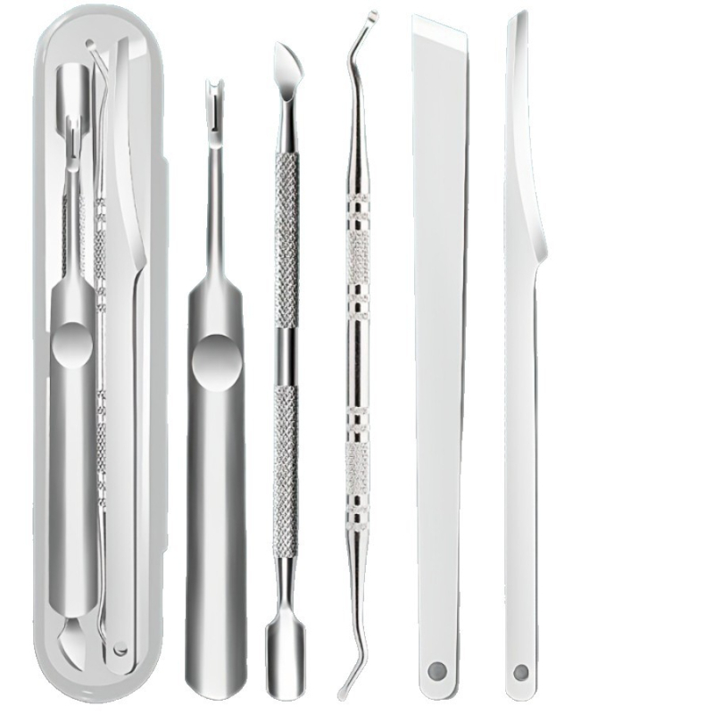 Σετ εργαλείων περιποίησης ποδιών από ανοξείδωτο ατσάλι, 5 τεμάχια σε κουτί, περιλαμβάνει πιρούνι για απολέπιση νεκρής επιδερμίδας, εργαλείο καθαρισμού νυχιών με διπλή κεφαλή και λίμα ποδιών.