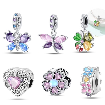 DIY réz medálok és gyöngyök készlet virág- és pillangó motívummal karkötőhöz és nyaklánchoz, ezüstös 925 ezüst bevonattal, 2024 tavasz, városi divat stílus