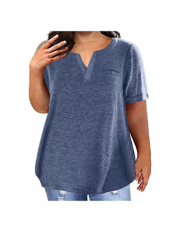 Ženski pamučni T-shirt s V-izrezom, kratki rukavi, ležeran kroj, srednja duljina, kolage šivanje, ljetni stil 2024
