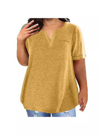 Γυναικεία βαμβακερή T‑shirt με V‑λαιμόκοψη, κοντά μανίκια, ελεύθερη γραμμή, μεσαίο μήκος, λεπτομέρεια κολλάζ, καθημερινό στυλ, καλοκαίρι 2024