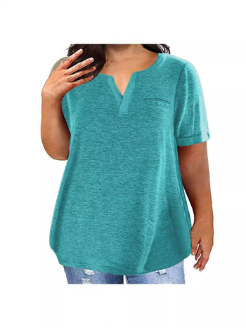 Γυναικεία βαμβακερή T‑shirt με V‑λαιμόκοψη, κοντά μανίκια, ελεύθερη γραμμή, μεσαίο μήκος, λεπτομέρεια κολλάζ, καθημερινό στυλ, καλοκαίρι 2024