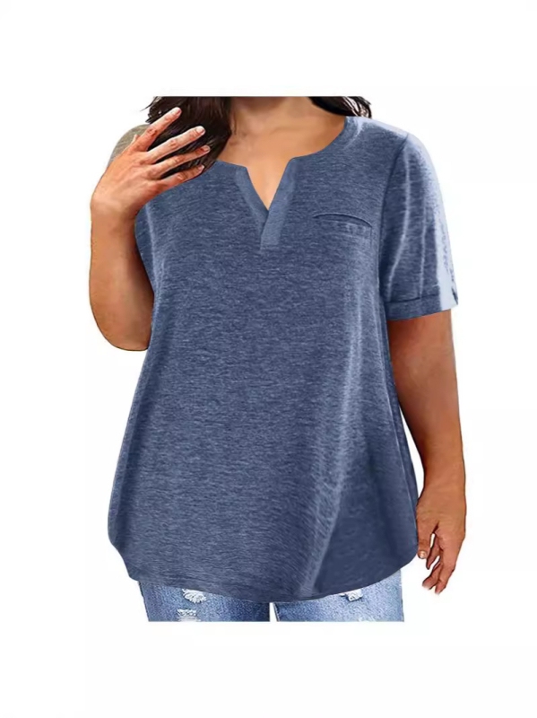 Ženski pamučni T-shirt s V-izrezom, kratki rukavi, ležeran kroj, srednja duljina, kolage šivanje, ljetni stil 2024