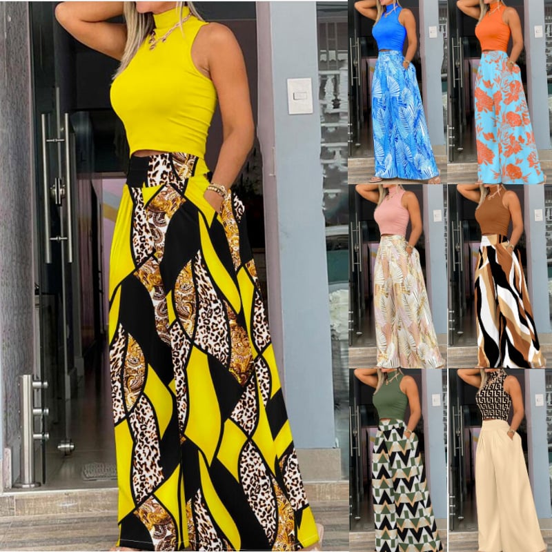 Двусъставен дамски безръкав комплект с принт, полиестер/спандекс, 90–95% полиестер, стил елегантен градски, есен 2023